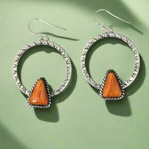 Orange Spiny Oyster Hammered Hoop Earrings 2”